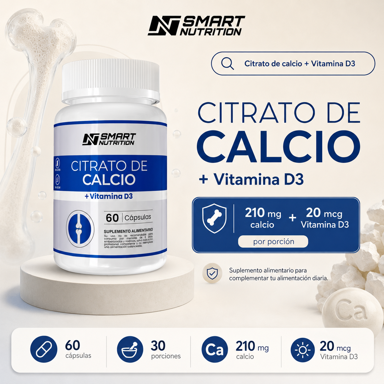 Citrato De Calcio + Vitamina D3- 60 Capsulas SmartNutrition