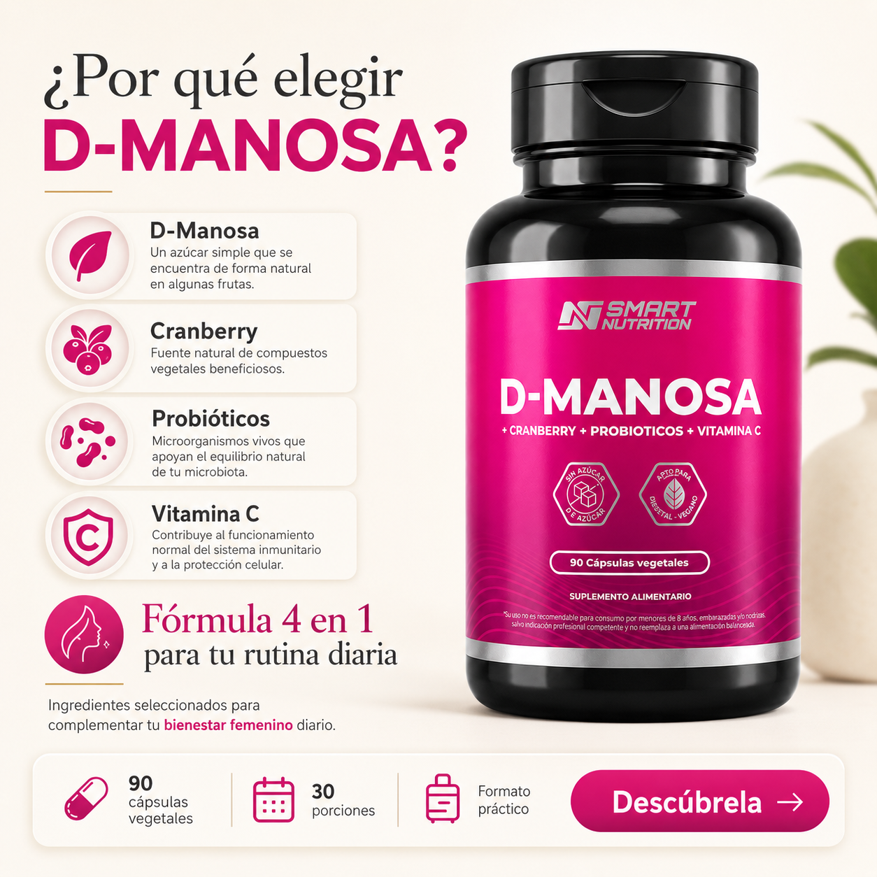 Pack x2 D-Manosa + Cranberry + Probióticos | 180 Cápsulas Vegetales SmartNutrition