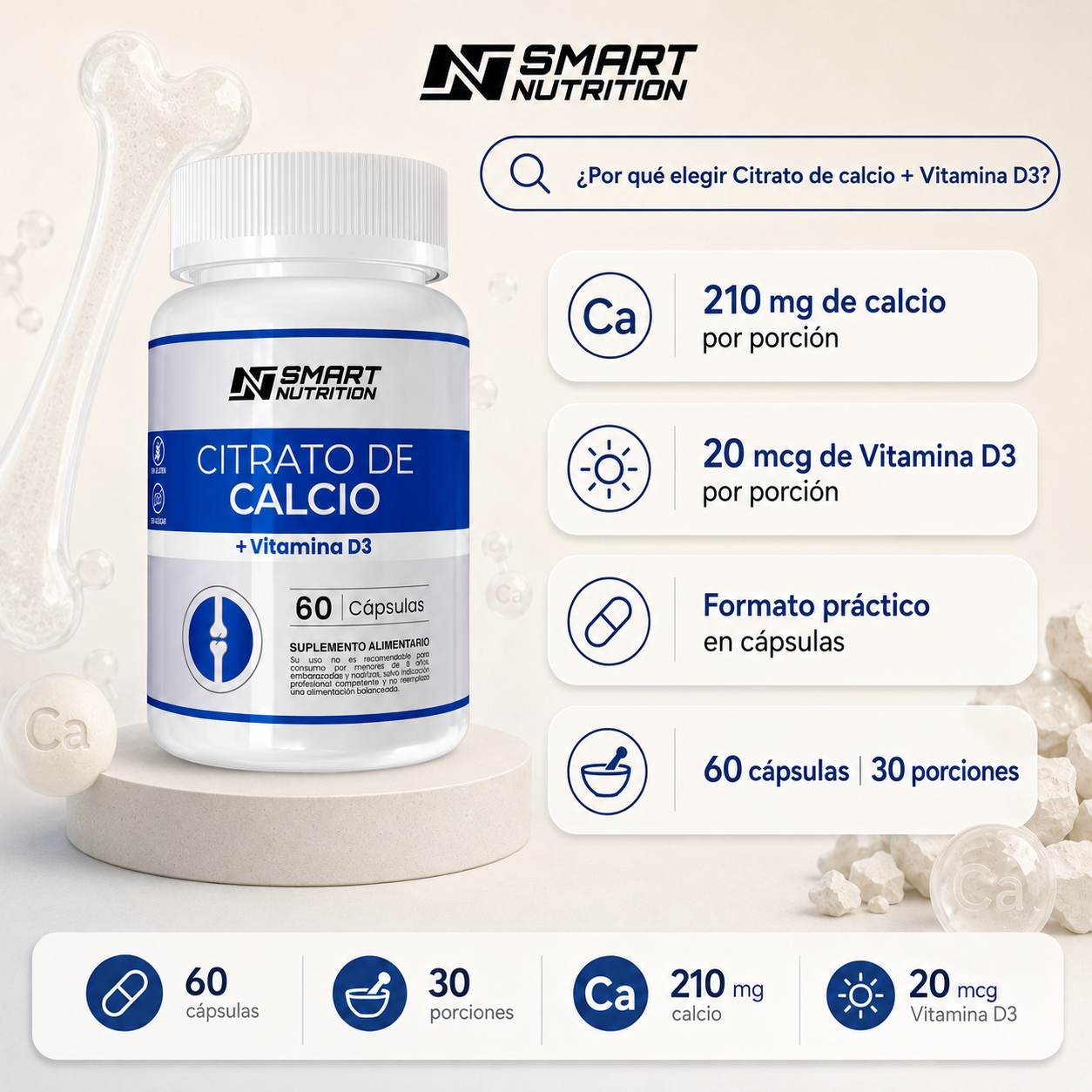 Citrato De Calcio + Vitamina D3- 60 Capsulas SmartNutrition