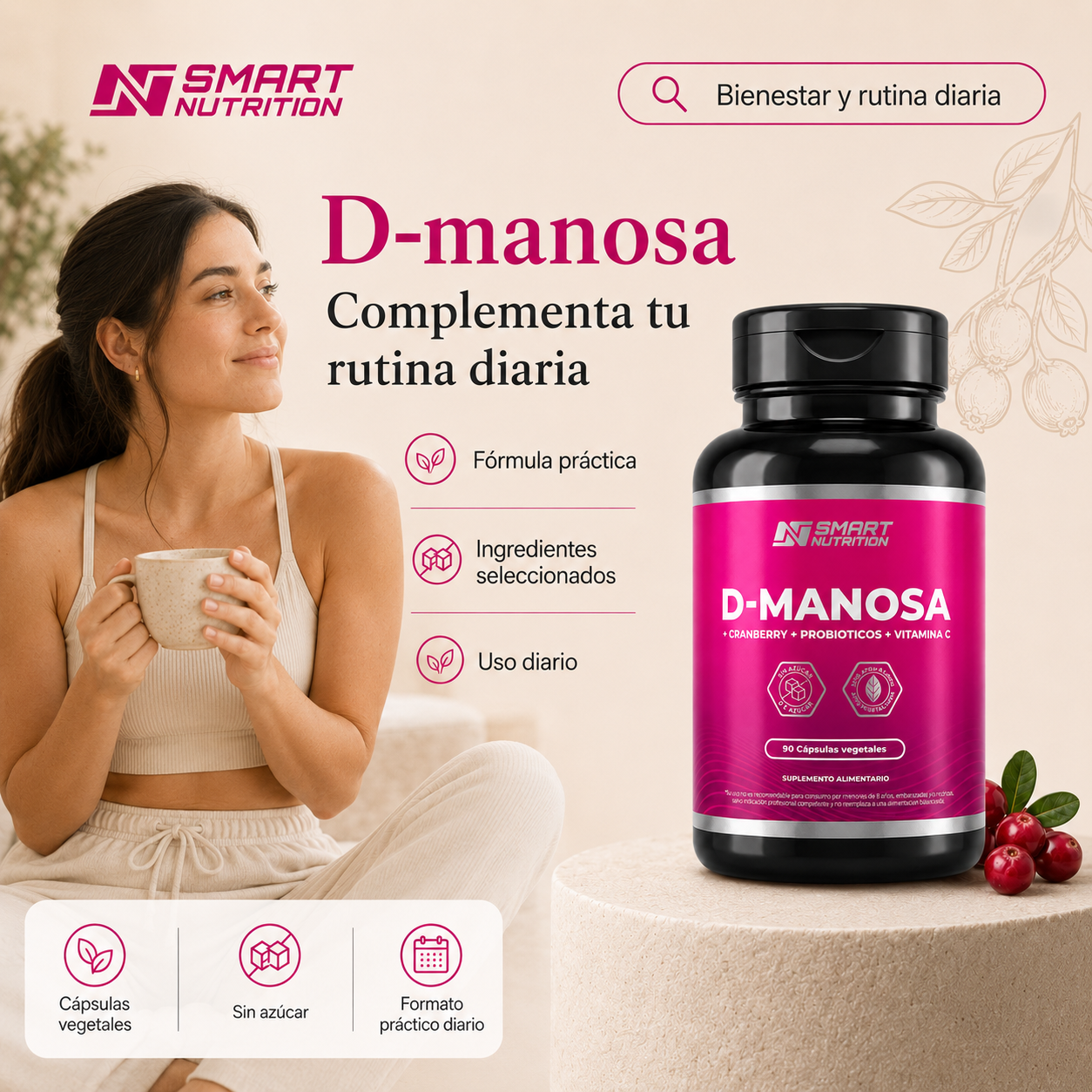Pack x2 D-Manosa + Cranberry + Probióticos | 180 Cápsulas Vegetales SmartNutrition