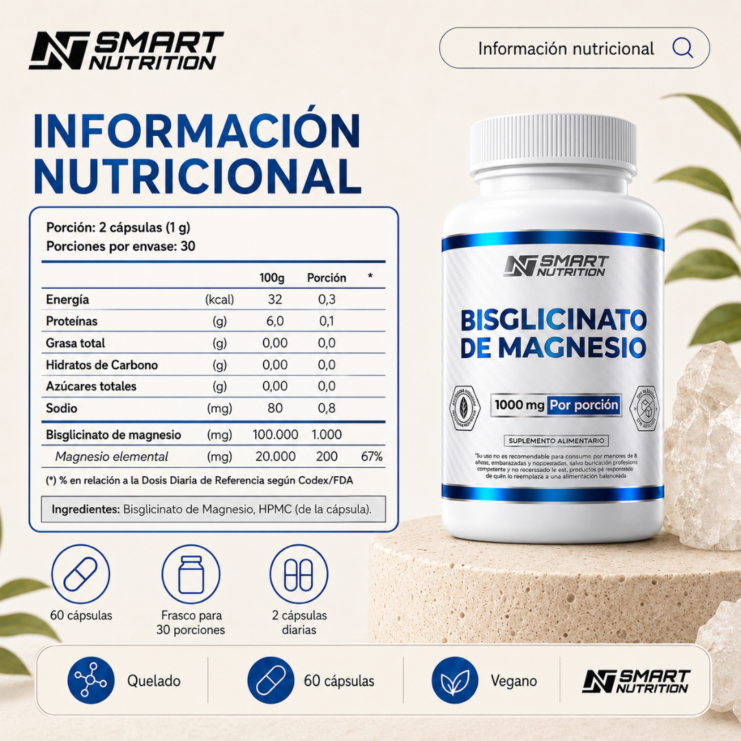 Bisglicinato de Magnesio 1000 mg – Alta Biodisponibilidad SmartNutrition