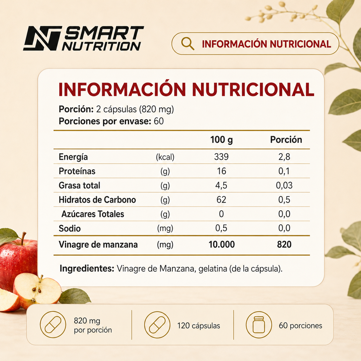 Pack x 3 Vinagre de Manzana 360 Cápsulas SmartNutrition