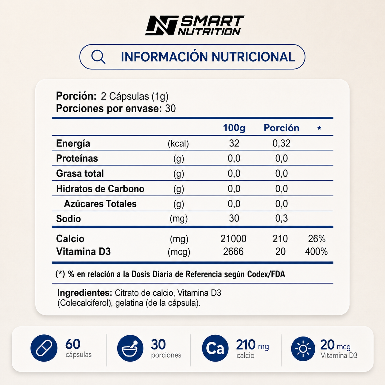 Citrato De Calcio + Vitamina D3- 60 Capsulas SmartNutrition