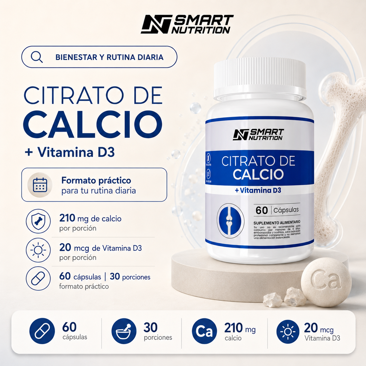 Citrato De Calcio + Vitamina D3- 60 Capsulas SmartNutrition