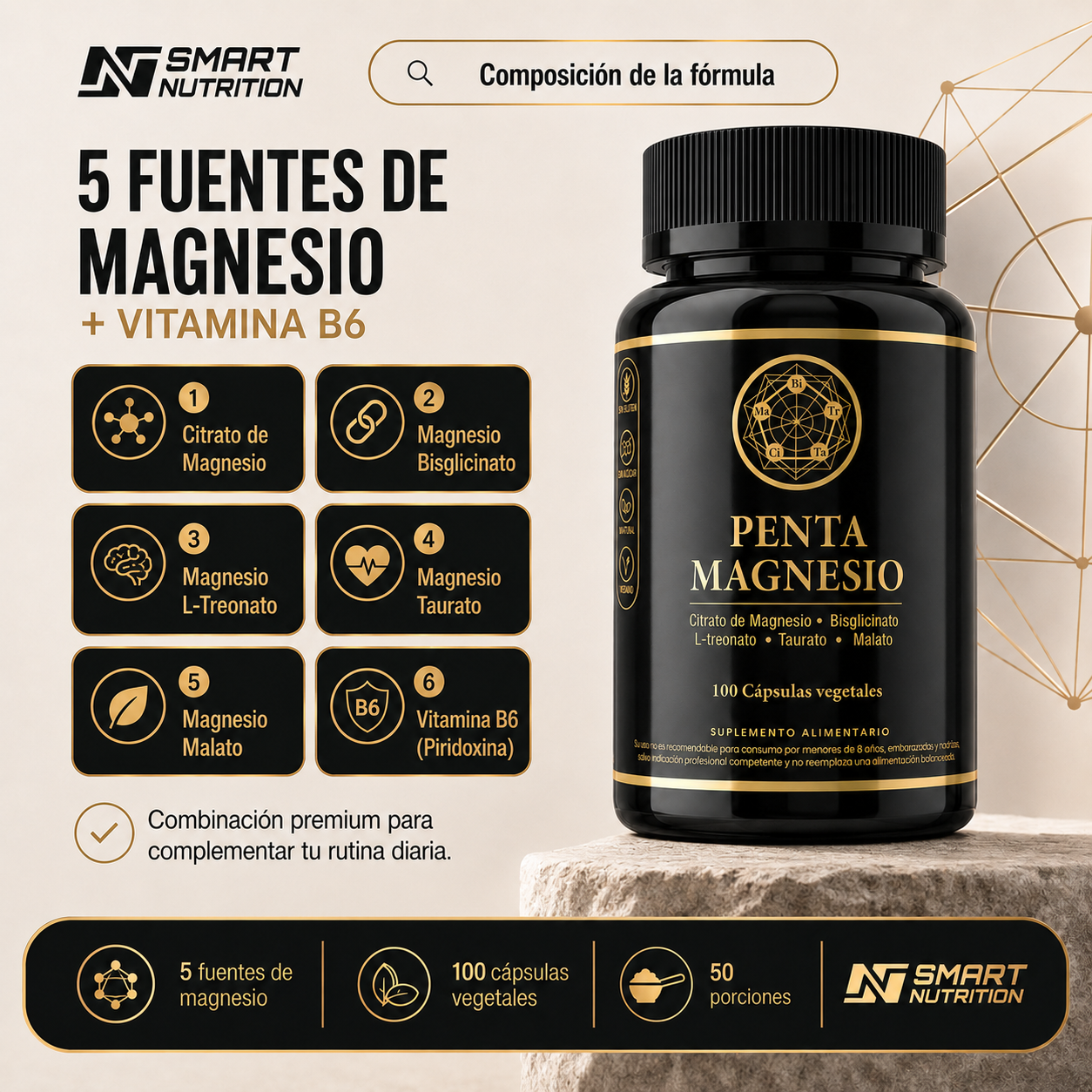 Penta Magnesio 5 Formas – Citrato, Bisglicinato, Treonato, Taurato y Malato SmartNutrition
