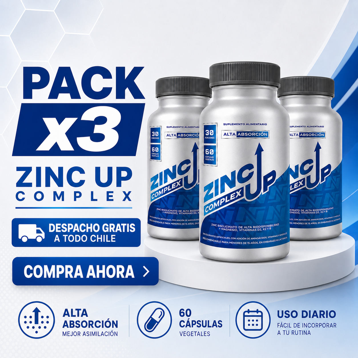 Pack x3 Zinc Up Complex – Apoyo Nutricional de Alta Biodisponibilidad SmartNutrition