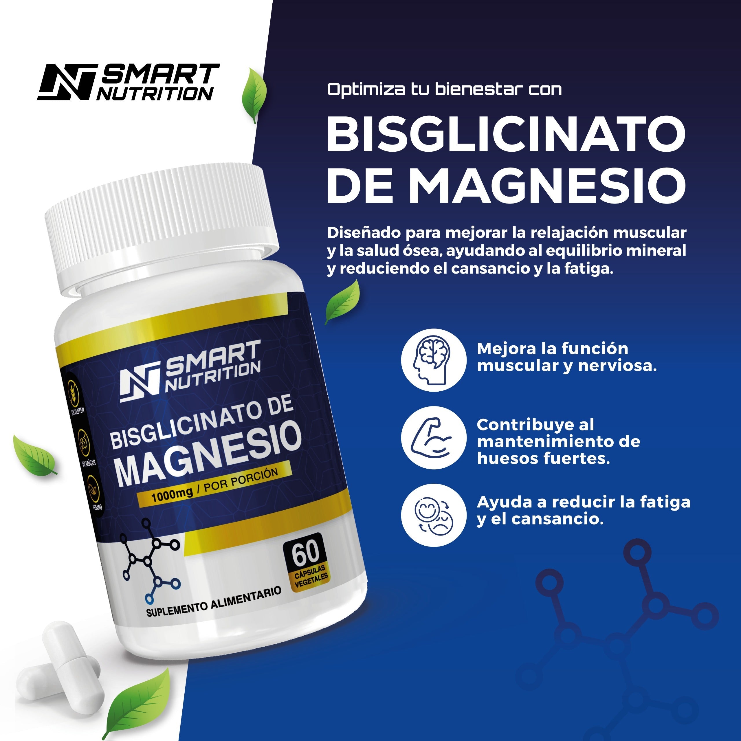 Bisglicinato de Magnesio 1000mg - 60 Capsulas SmartNutrition
