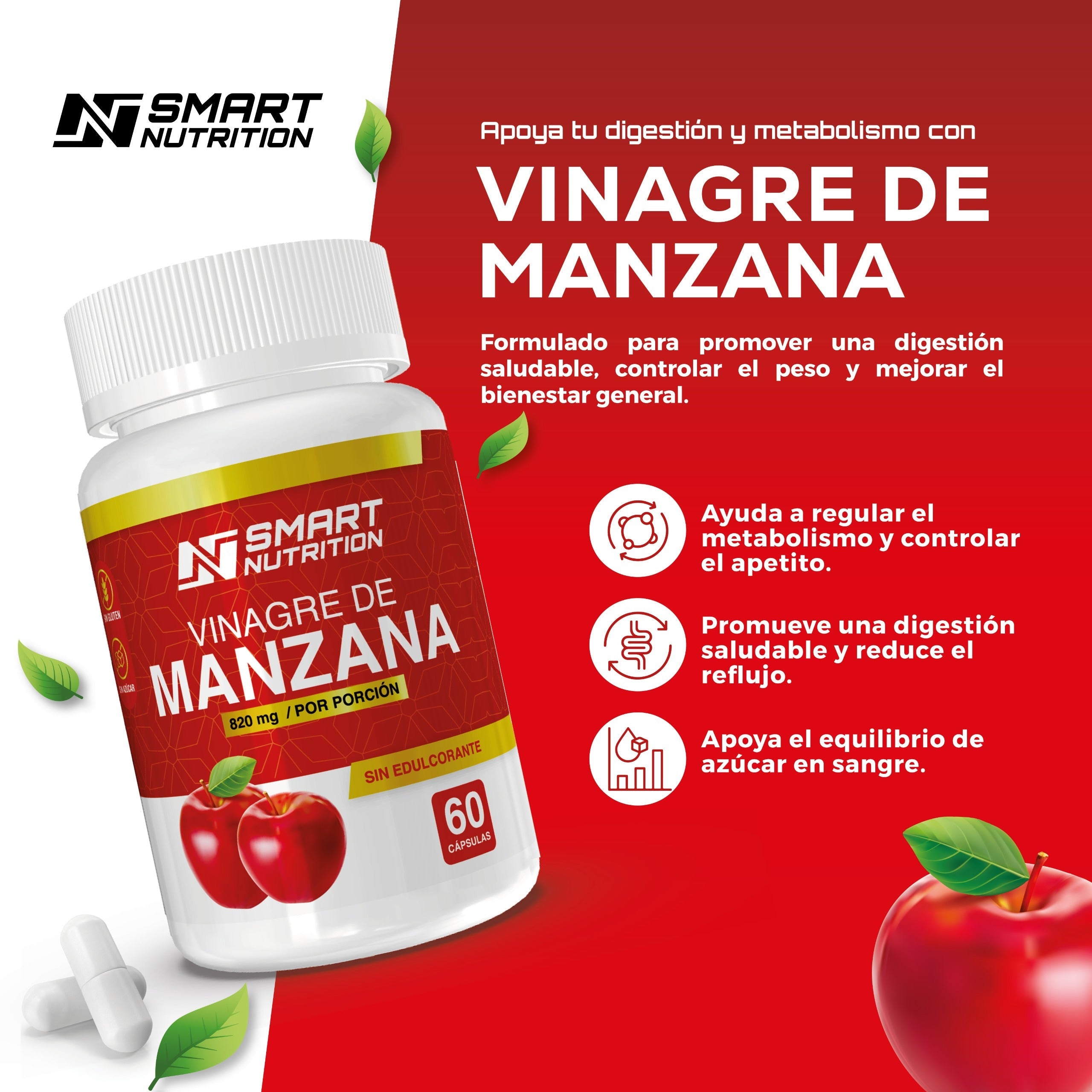 Vinagre de Manzana 820 Mg - 60 Cápsulas - SmartNutrition SmartNutrition