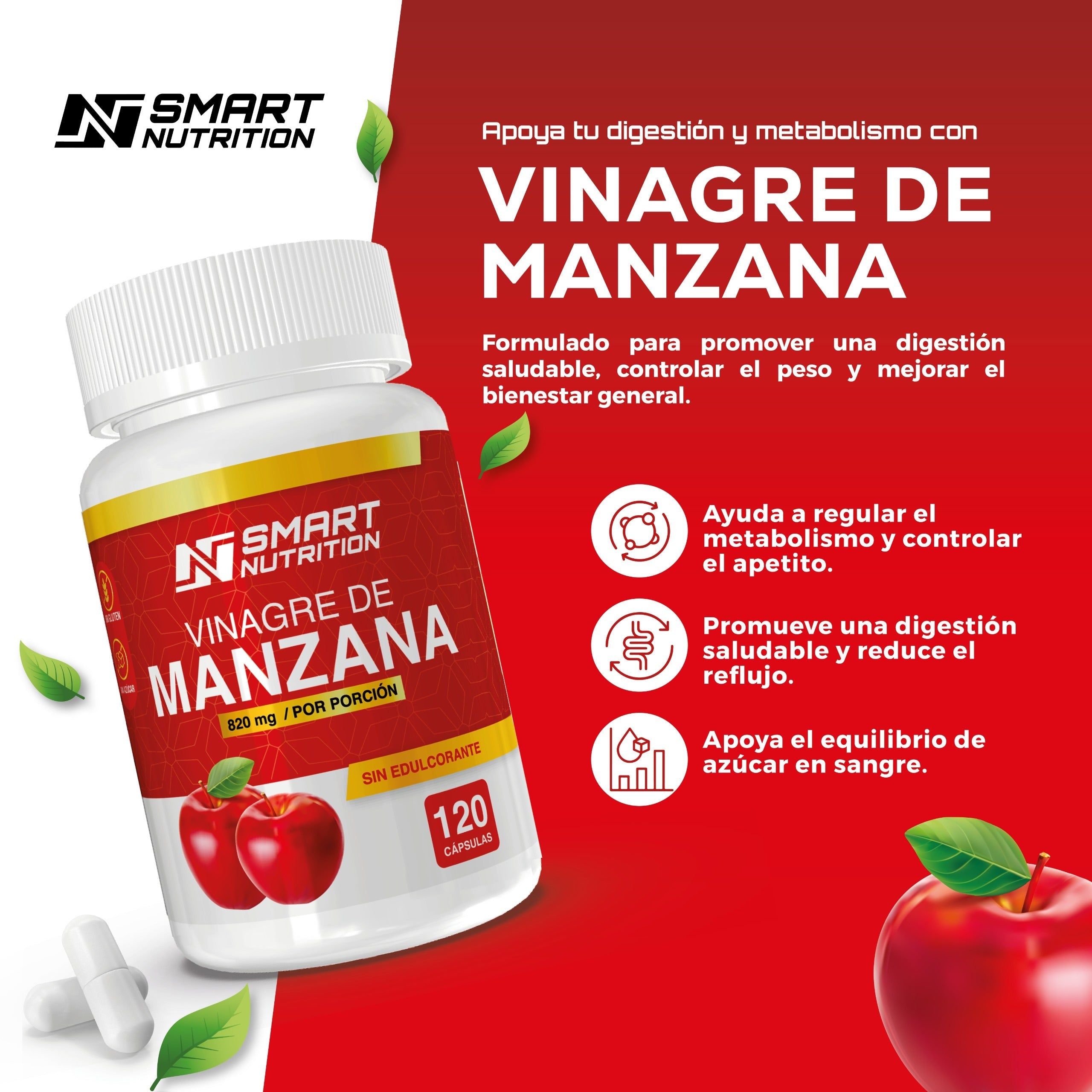 Vinagre de Manzana 820 Mg - 120 Cápsulas - SmartNutrition SmartNutrition