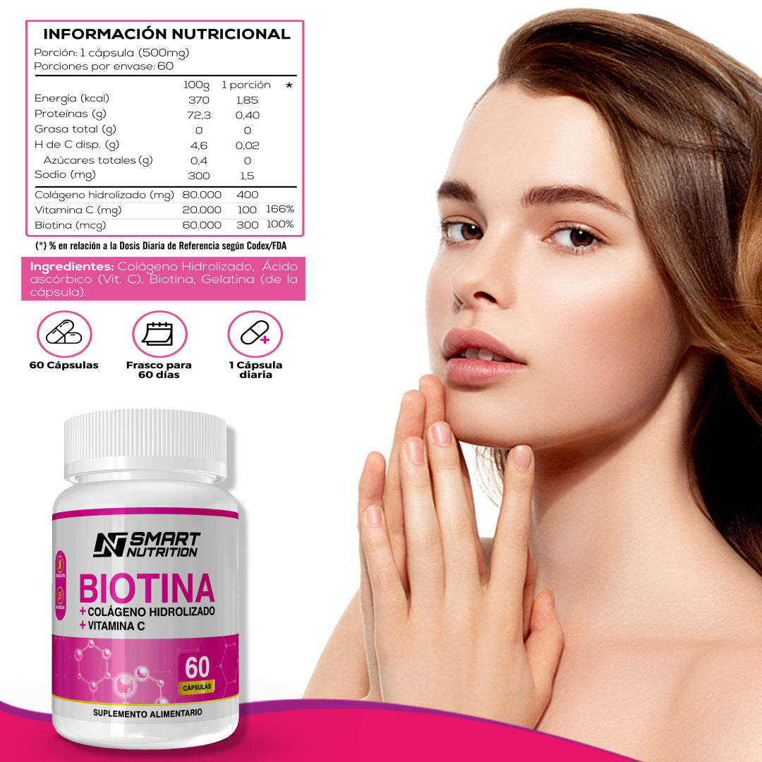 Biotina + Colágeno Hidrolizado + Vitamina C - 60 CAPSULAS SmartNutrition