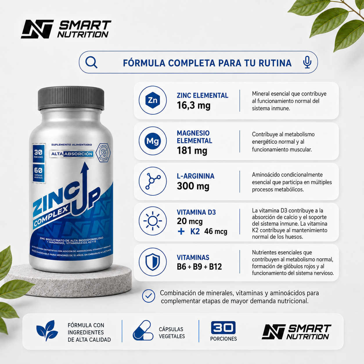 Zinc Up Complex Alta Absorción – Zinc, Magnesio, Arginina y Vitaminas SmartNutrition
