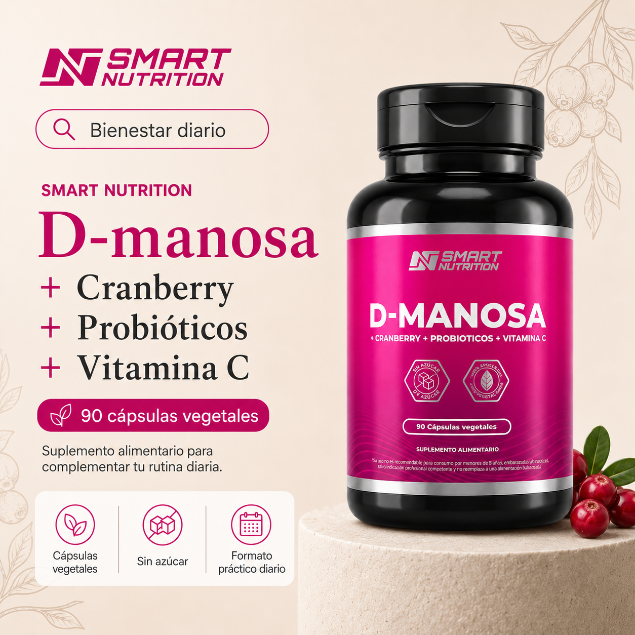 D-Manosa + Cranberry + Probióticos + Vitamina C | Fórmula 4 en 1 para bienestar femenino SmartNutrition