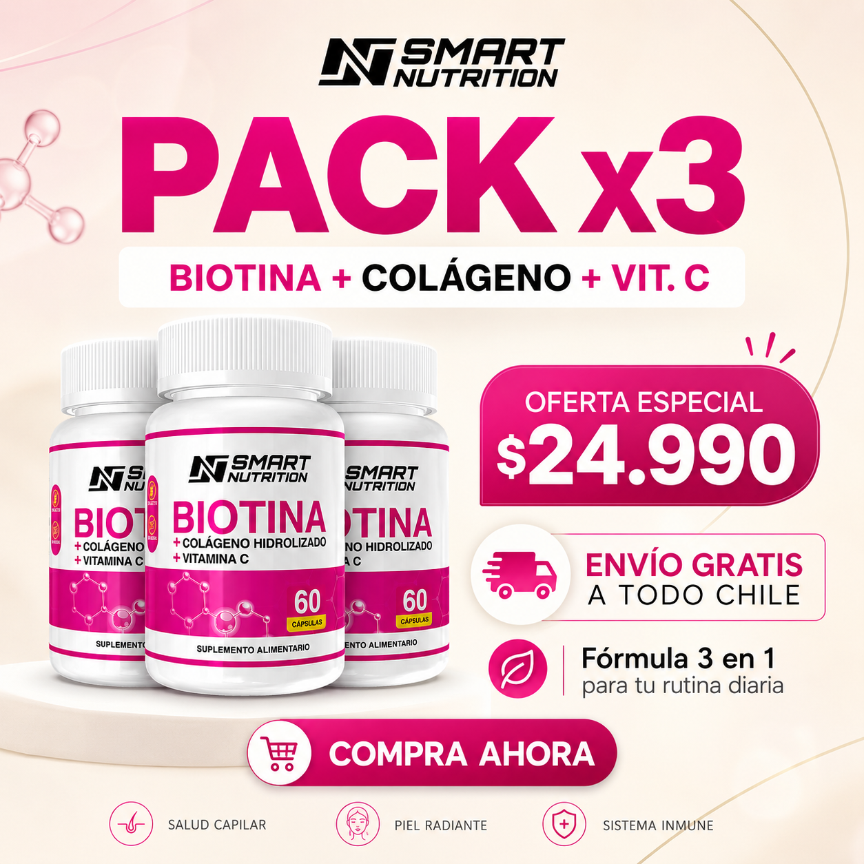 Pack x3 Biotina + Colágeno Hidrolizado + Vitamina C SmartNutrition
