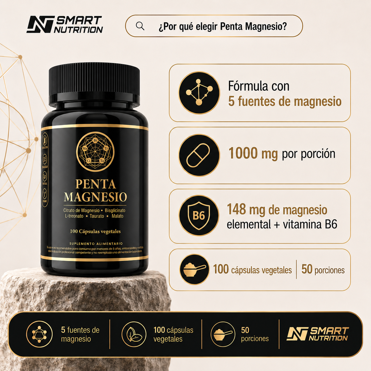 Penta Magnesio 5 Formas – Citrato, Bisglicinato, Treonato, Taurato y Malato SmartNutrition