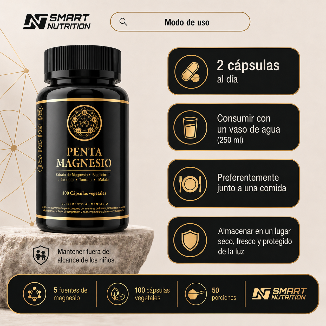 Penta Magnesio 5 Formas – Citrato, Bisglicinato, Treonato, Taurato y Malato SmartNutrition