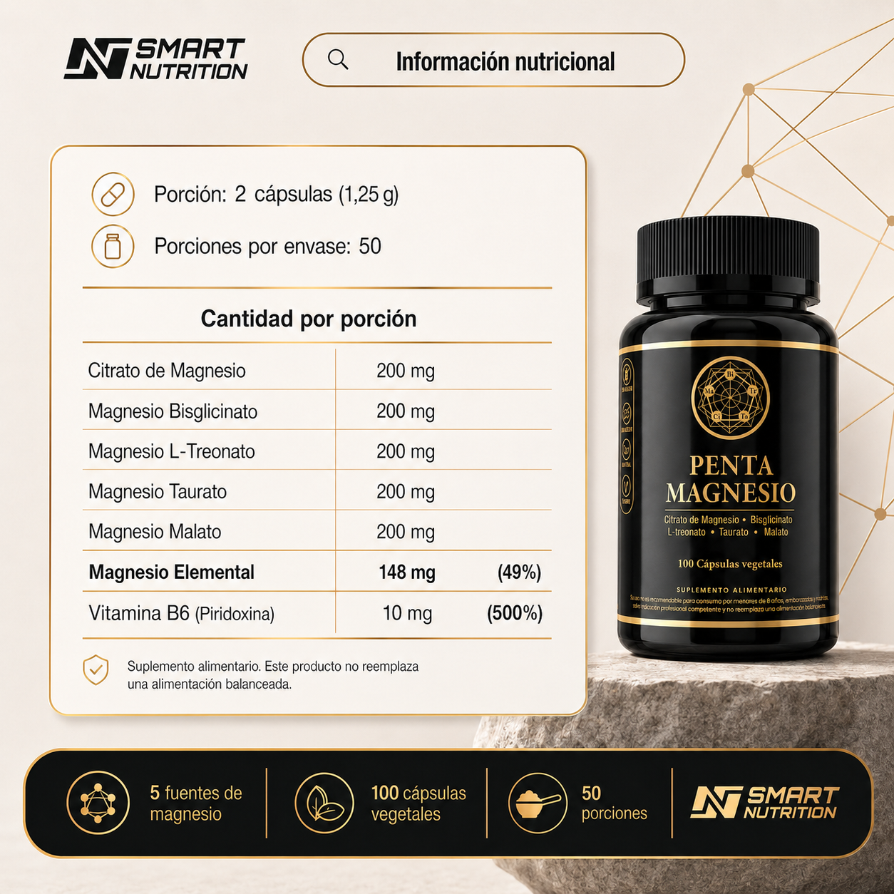 Penta Magnesio 5 Formas – Citrato, Bisglicinato, Treonato, Taurato y Malato SmartNutrition