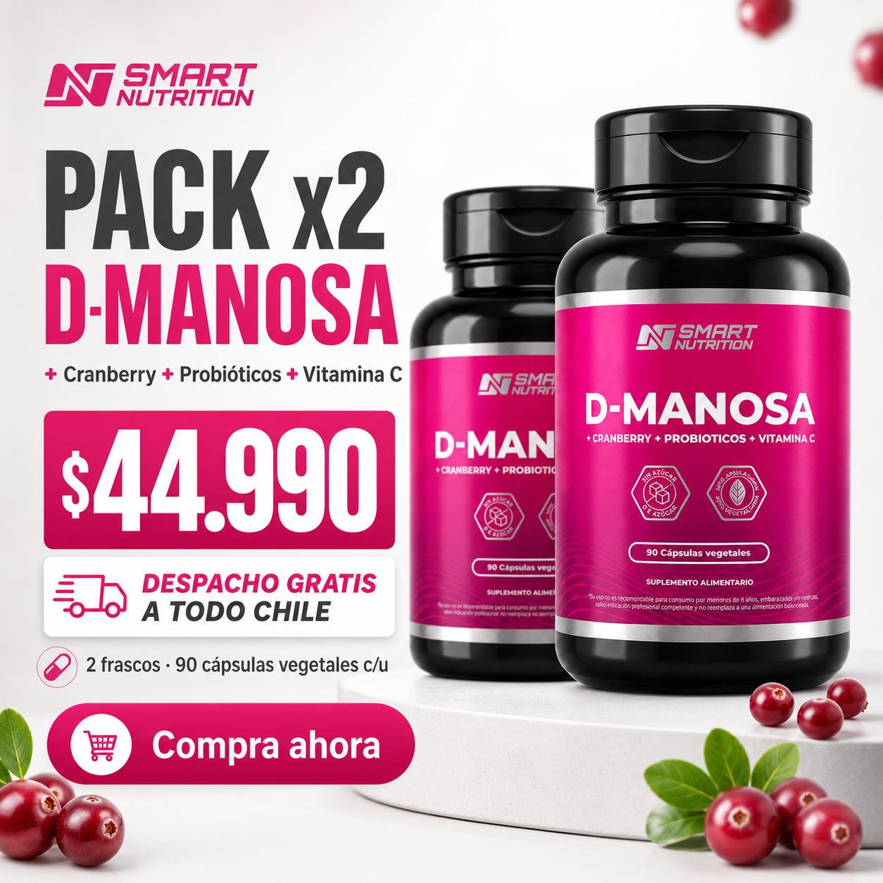 Pack x2 D-Manosa + Cranberry + Probióticos | 180 Cápsulas Vegetales SmartNutrition