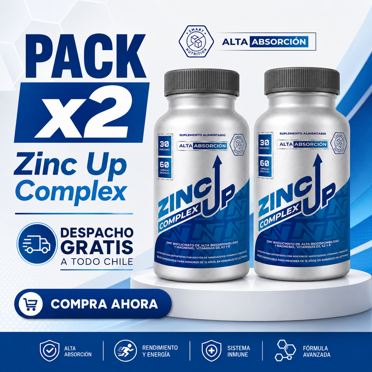 Pack x2 Zinc Up Complex – Apoyo Nutricional de Alta Biodisponibilidad SmartNutrition