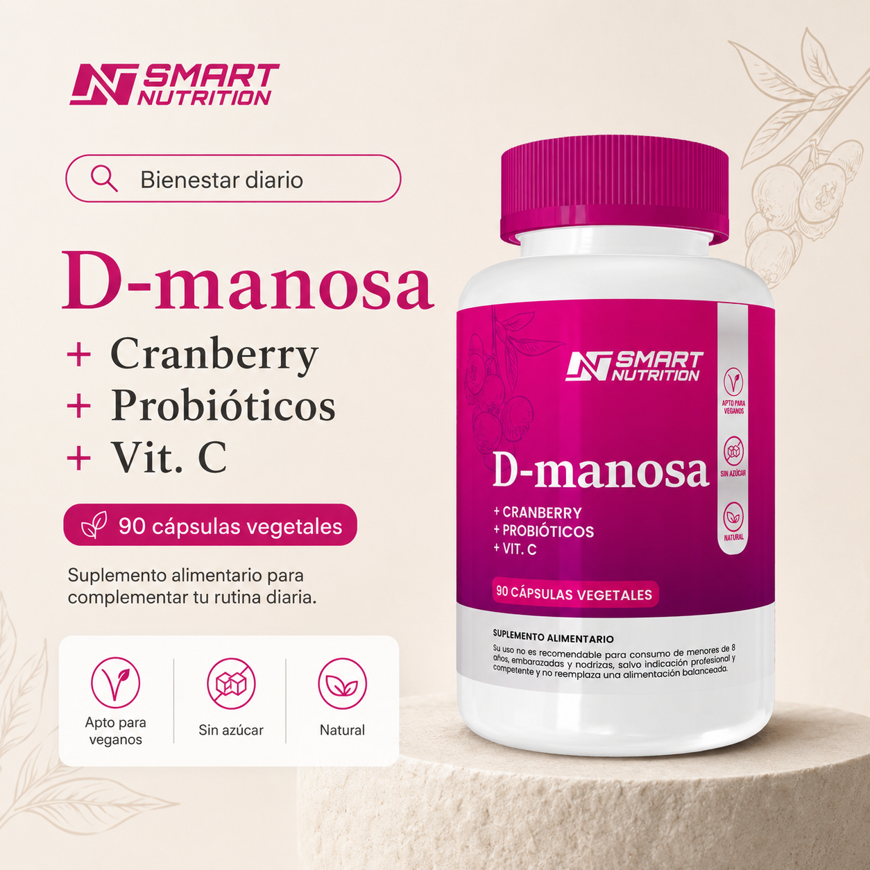 D-manosa + Cranberry + Probióticos + Vitamina C | Apoyo Completo Urinario SmartNutrition