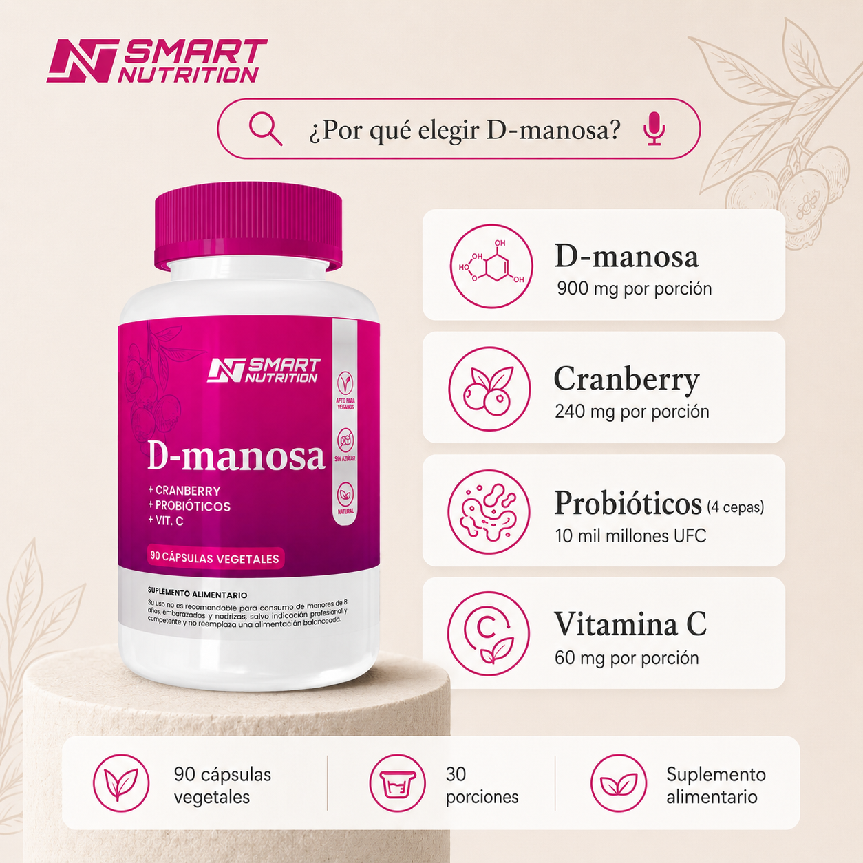 D-manosa + Cranberry + Probióticos + Vitamina C | Apoyo Completo Urinario SmartNutrition