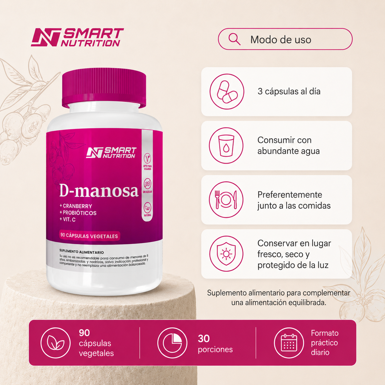 D-manosa + Cranberry + Probióticos + Vitamina C | Apoyo Completo Urinario SmartNutrition