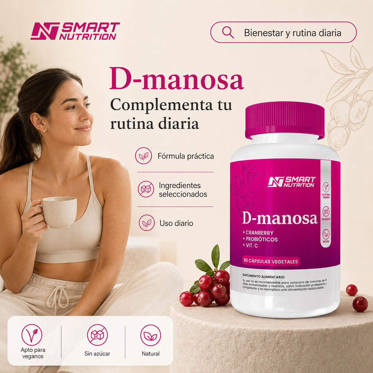 D-manosa + Cranberry + Probióticos + Vitamina C | Apoyo Completo Urinario SmartNutrition