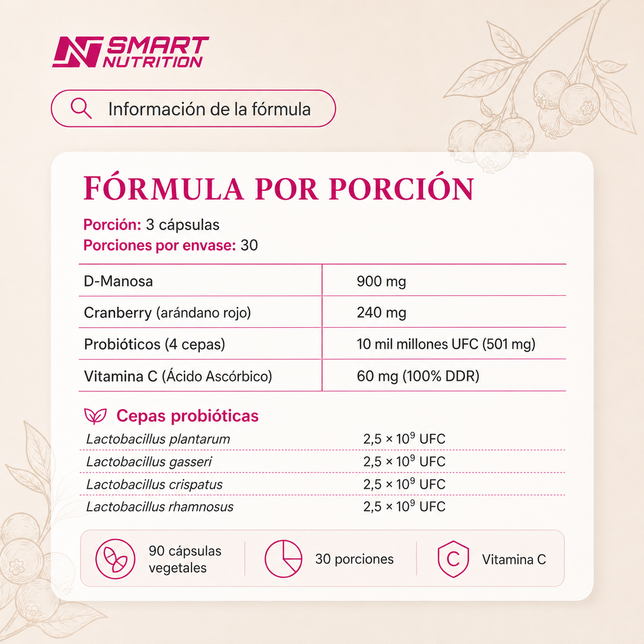 D-manosa + Cranberry + Probióticos + Vitamina C | Apoyo Completo Urinario SmartNutrition