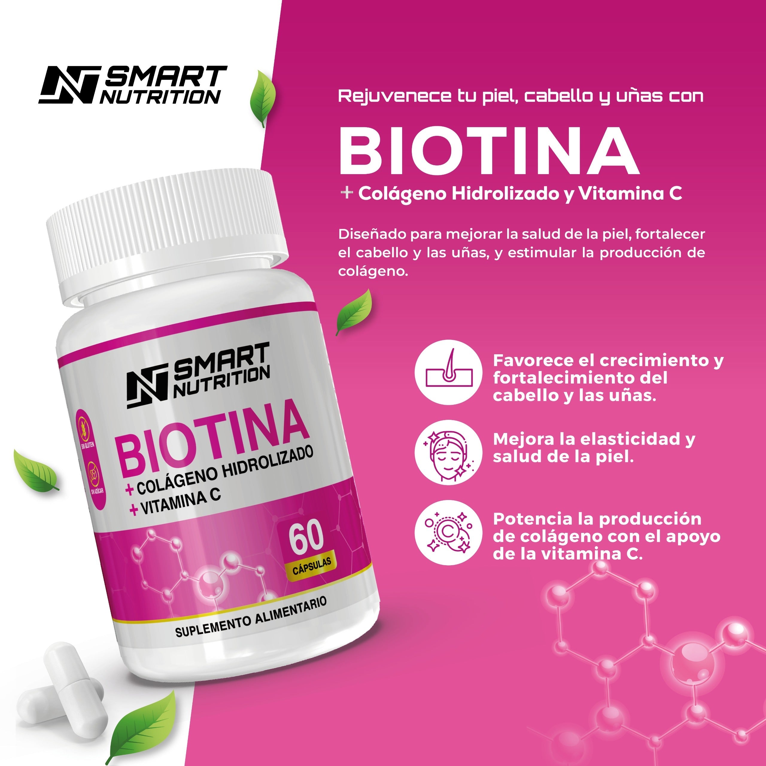 Biotina + Colágeno Hidrolizado + Vitamina C - 60 CAPSULAS SmartNutrition