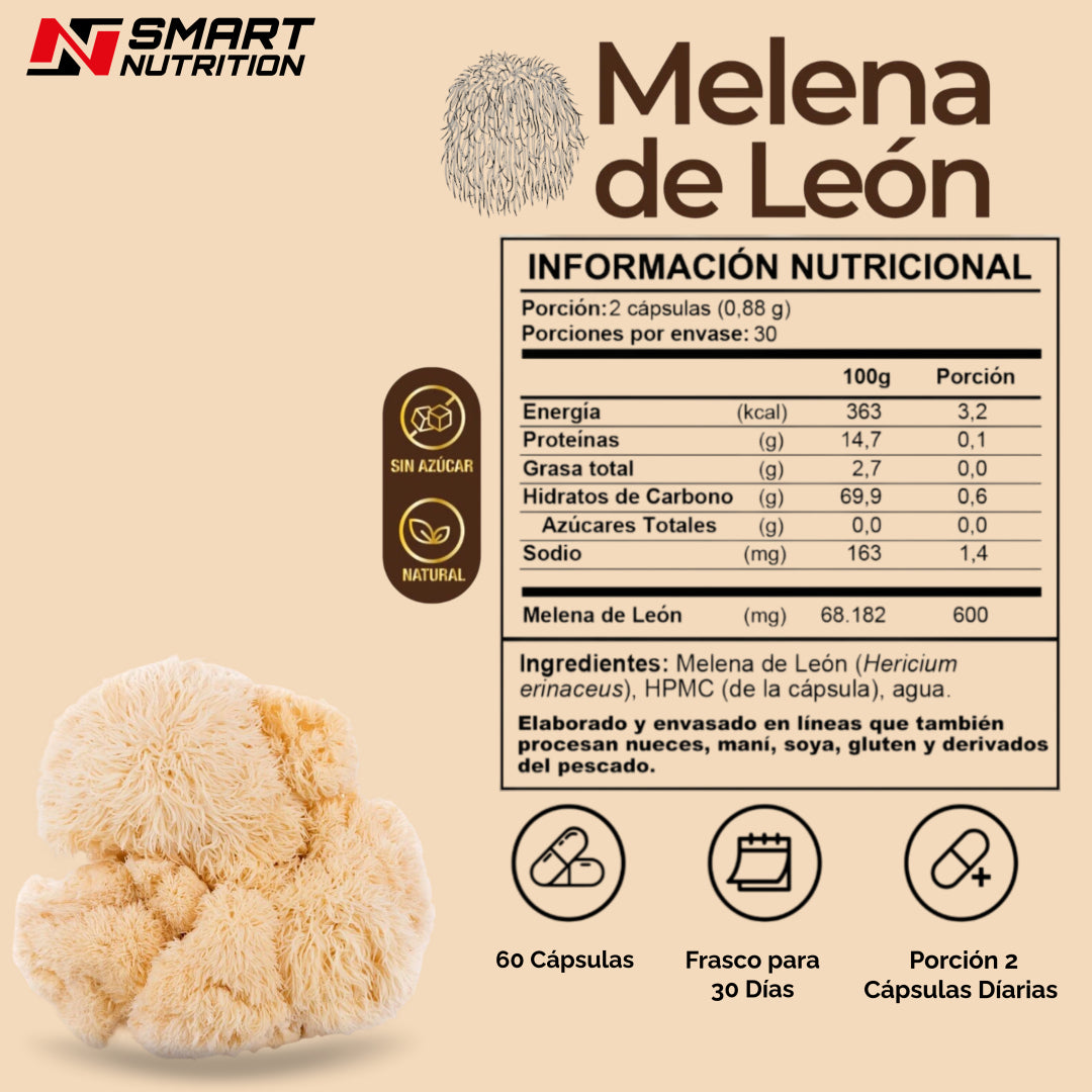 Melena de León 600 mg – 60 Cápsulas Vegetales | Smart Nutrition SmartNutrition