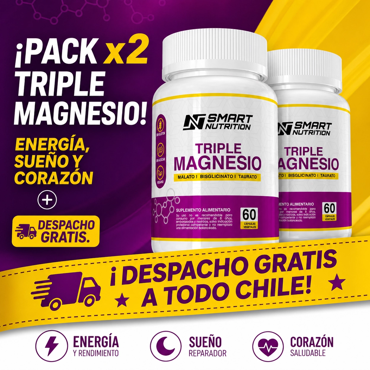 Pack x2 Triple Magnesio (Malato, Bisglicinato, Taurato) SmartNutrition