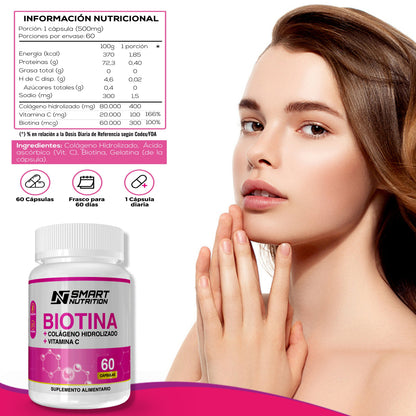 Biotina + Colágeno Hidrolizado + Vitamina C - 60 CAPSULAS