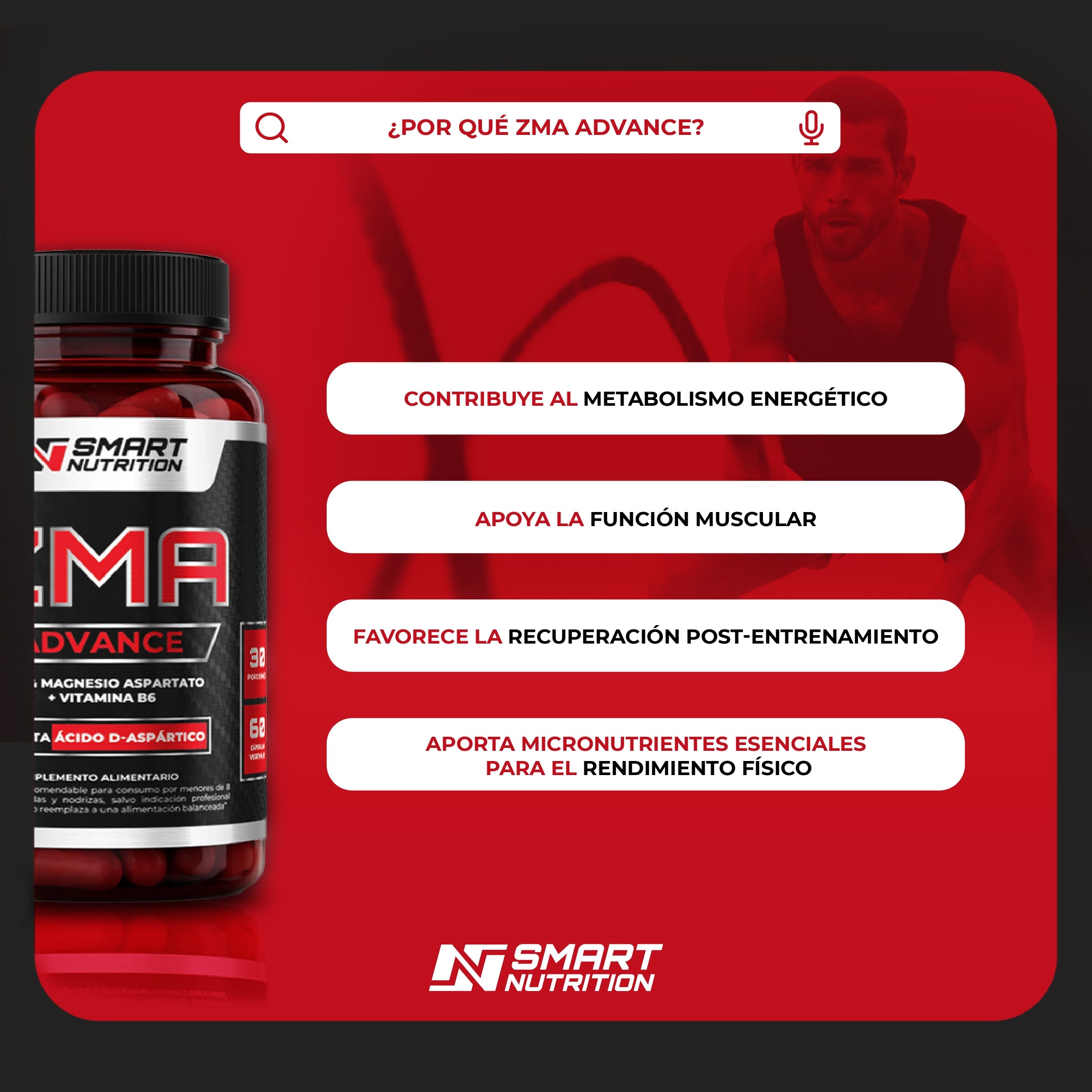 ZMA Advance Smart Nutrition – Zinc, Magnesio, Ácido D-Aspártico y Vitamina B6 | Potencia, Energía y Recuperación Muscular SmartNutrition